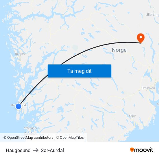 Haugesund to Sør-Aurdal map
