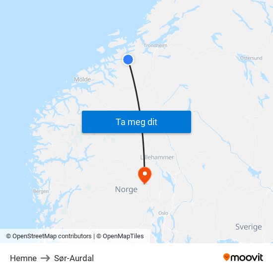 Hemne to Sør-Aurdal map
