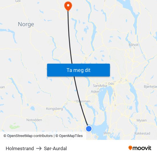 Holmestrand to Sør-Aurdal map