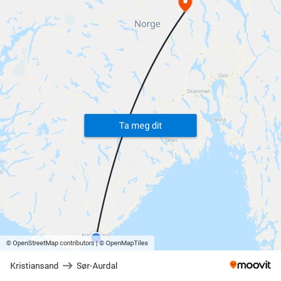 Kristiansand to Sør-Aurdal map