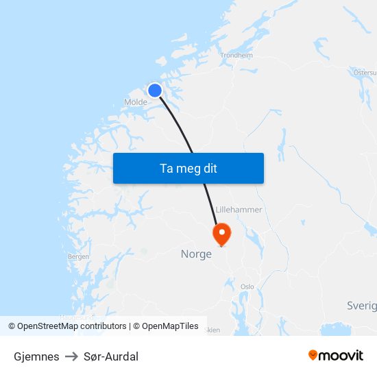 Gjemnes to Sør-Aurdal map