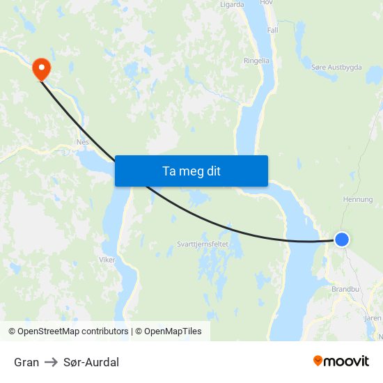 Gran to Sør-Aurdal map