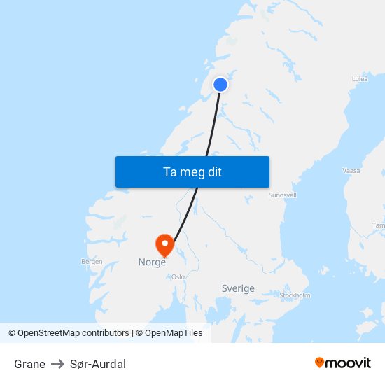 Grane to Sør-Aurdal map