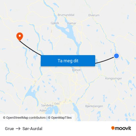 Grue to Sør-Aurdal map