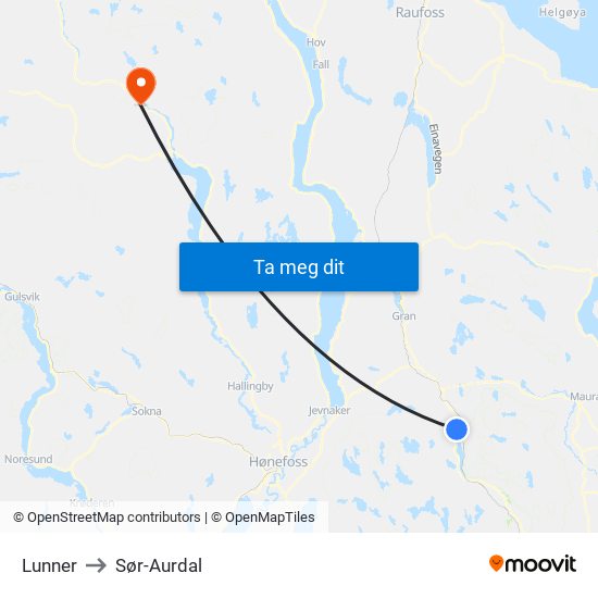 Lunner to Sør-Aurdal map
