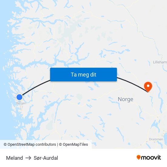 Meland to Sør-Aurdal map