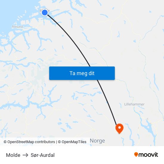 Molde to Sør-Aurdal map