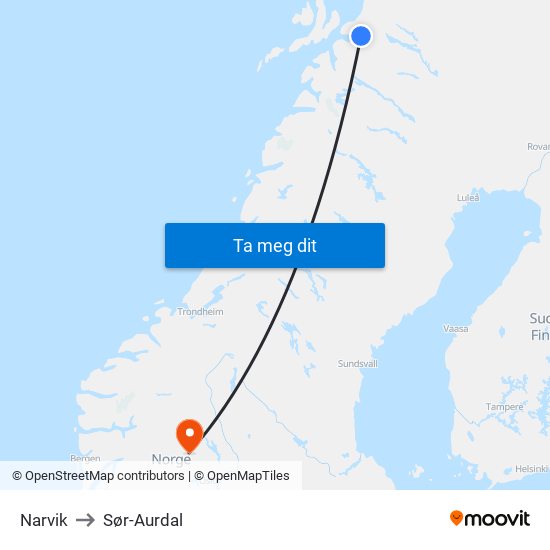 Narvik to Sør-Aurdal map