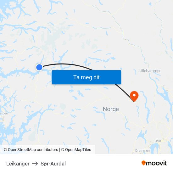Leikanger to Sør-Aurdal map