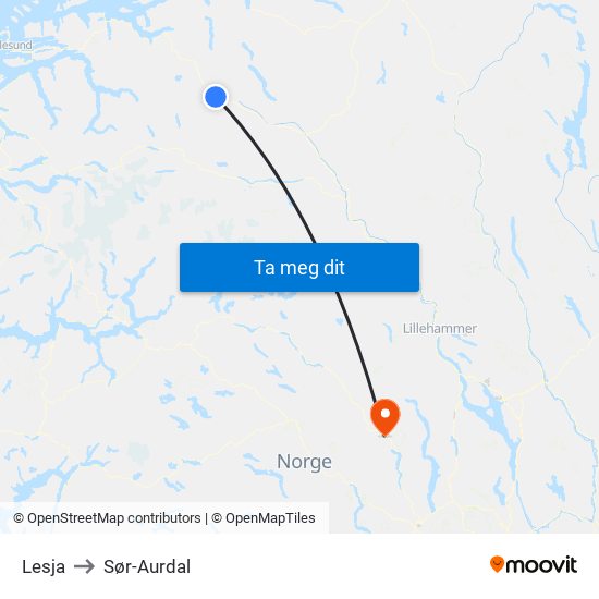 Lesja to Sør-Aurdal map