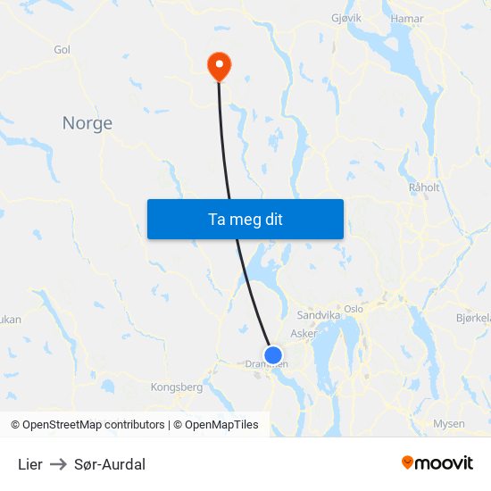 Lier to Sør-Aurdal map