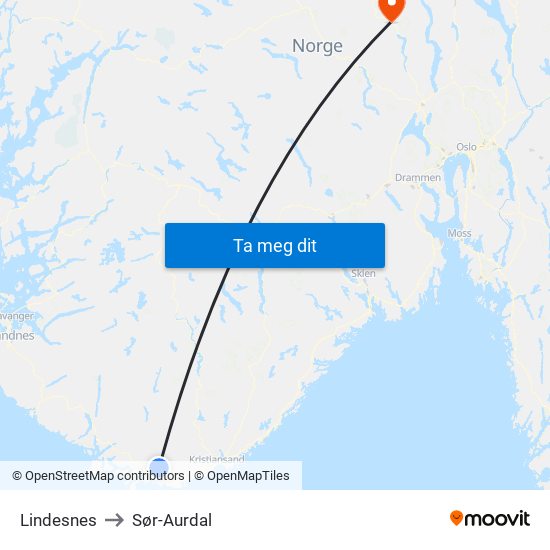 Lindesnes to Sør-Aurdal map