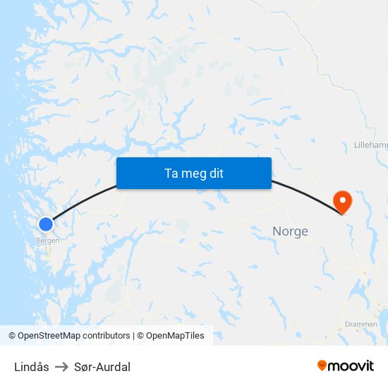 Lindås to Sør-Aurdal map