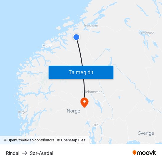 Rindal to Sør-Aurdal map