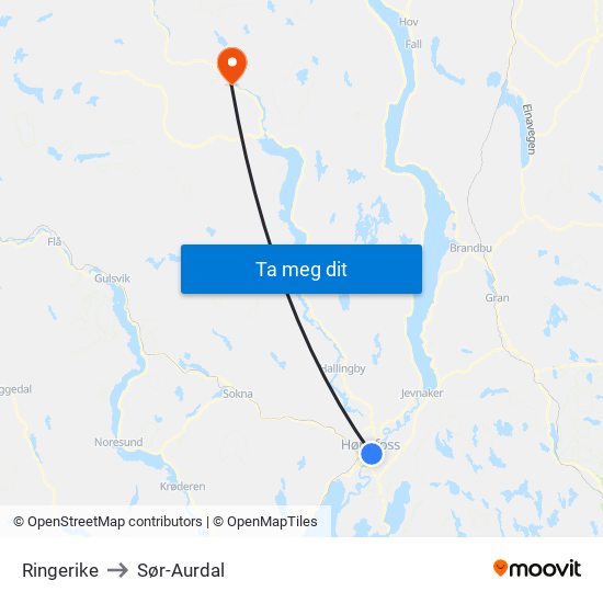 Ringerike to Sør-Aurdal map