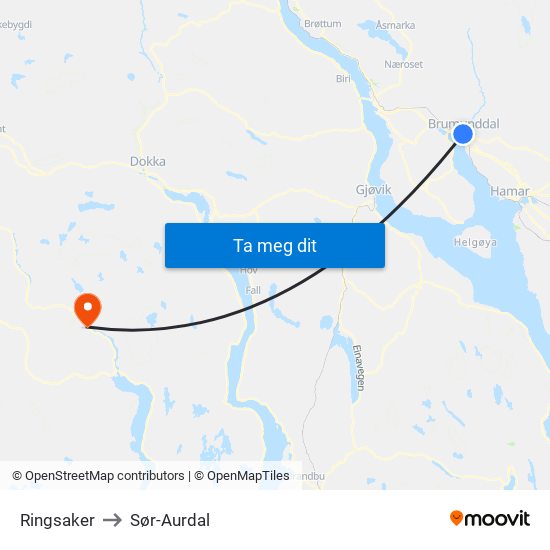 Ringsaker to Sør-Aurdal map