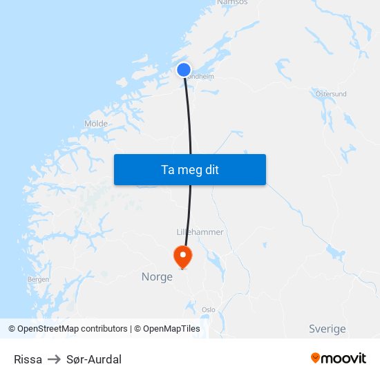 Rissa to Sør-Aurdal map