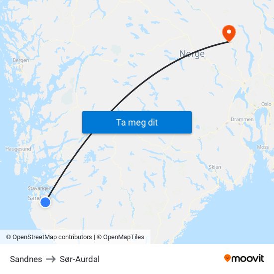 Sandnes to Sør-Aurdal map