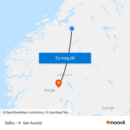 Selbu to Sør-Aurdal map