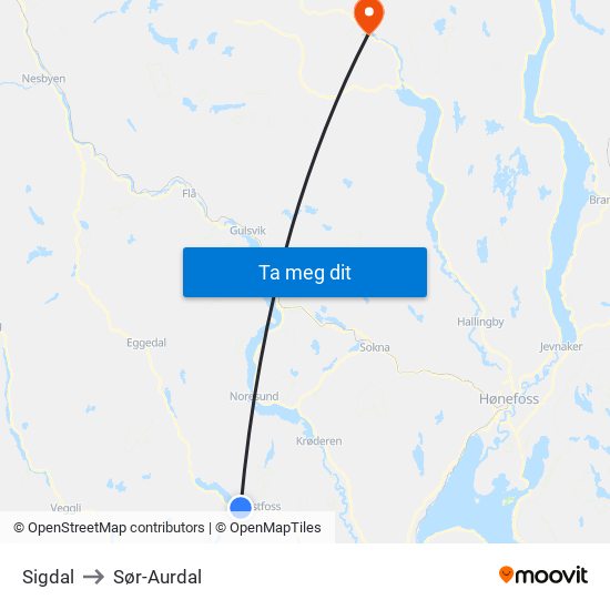 Sigdal to Sør-Aurdal map