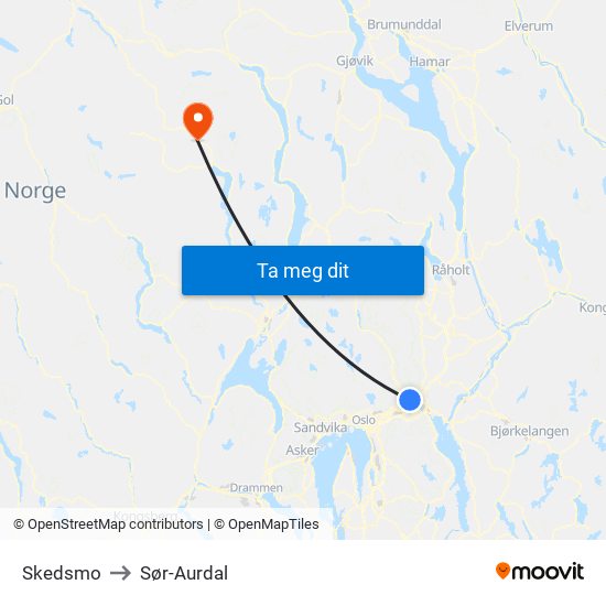 Skedsmo to Sør-Aurdal map
