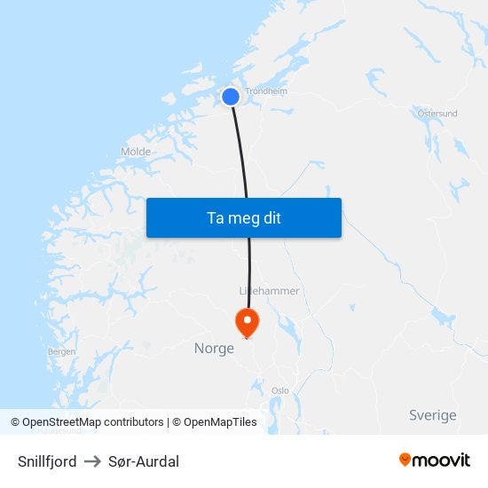 Snillfjord to Sør-Aurdal map