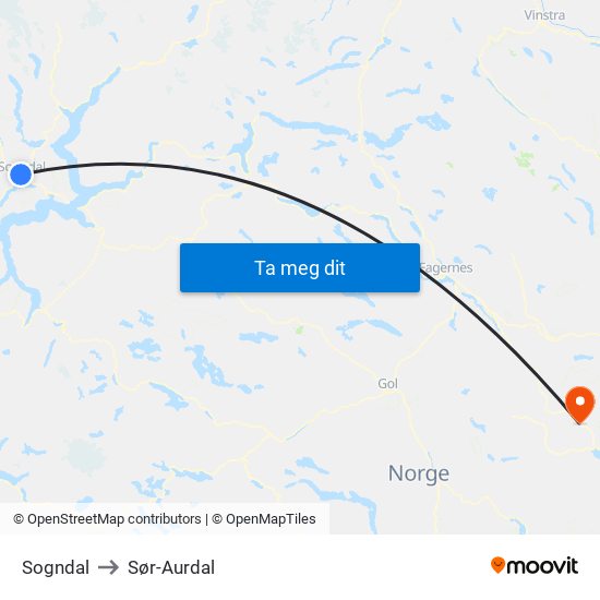 Sogndal to Sør-Aurdal map
