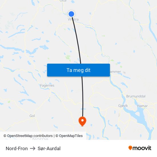 Nord-Fron to Sør-Aurdal map