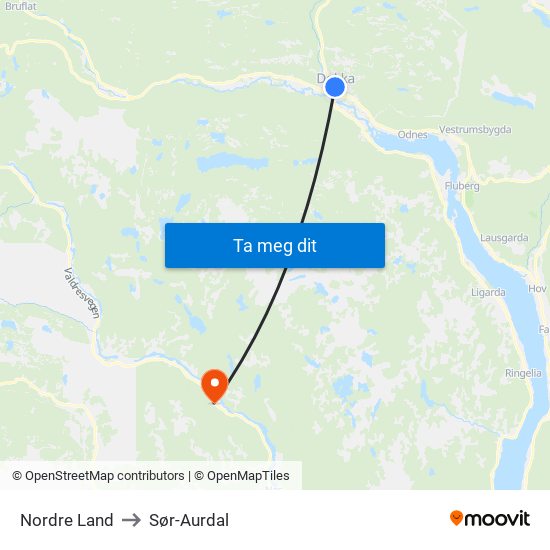 Nordre Land to Sør-Aurdal map