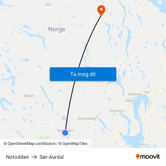 Notodden to Sør-Aurdal map