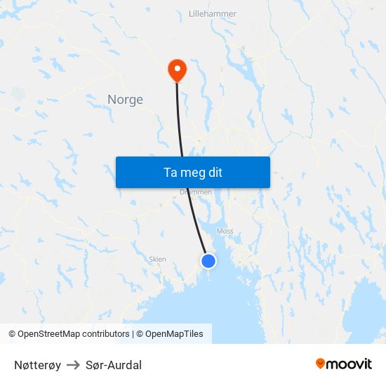 Nøtterøy to Sør-Aurdal map