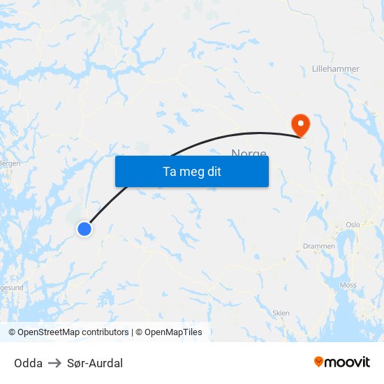 Odda to Sør-Aurdal map