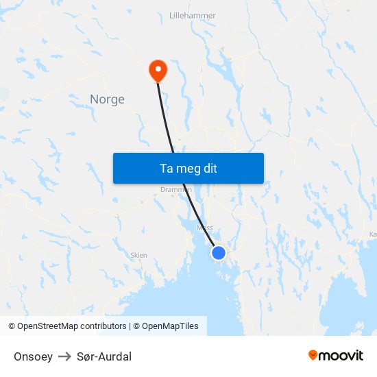 Onsoey to Sør-Aurdal map