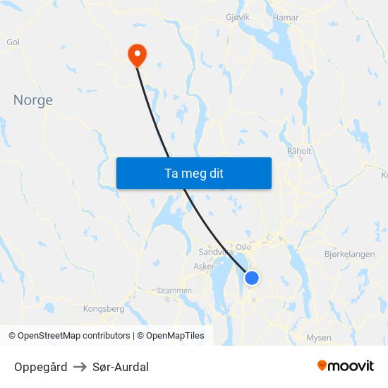 Oppegård to Sør-Aurdal map