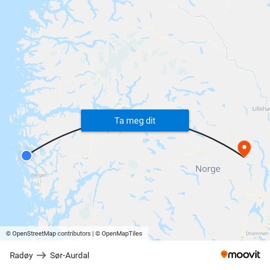 Radøy to Sør-Aurdal map