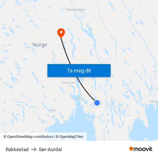 Rakkestad to Sør-Aurdal map