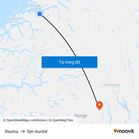 Rauma to Sør-Aurdal map