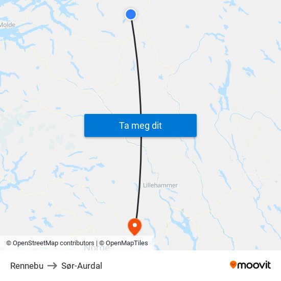 Rennebu to Sør-Aurdal map