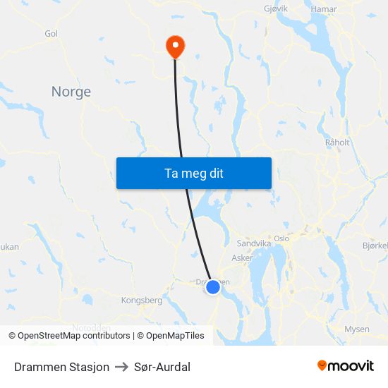 Drammen Stasjon to Sør-Aurdal map