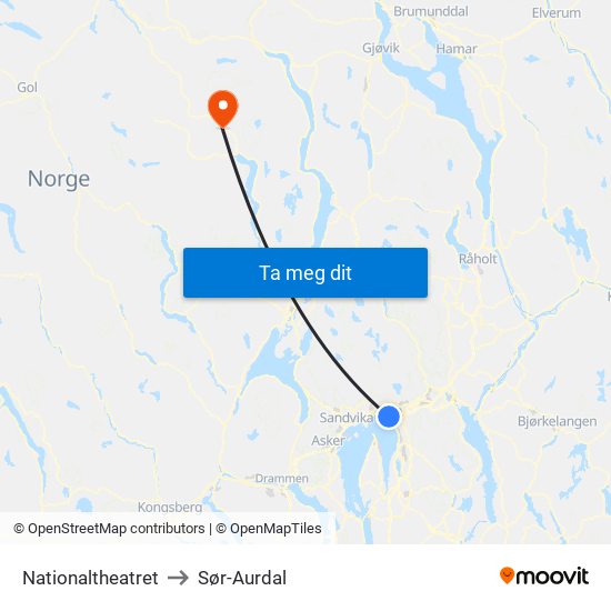 Nationaltheatret to Sør-Aurdal map