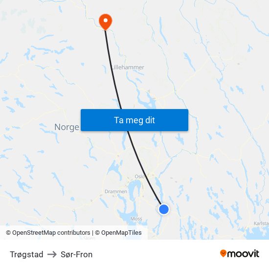 Trøgstad to Sør-Fron map