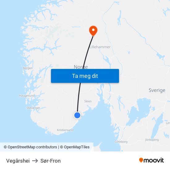 Vegårshei to Sør-Fron map