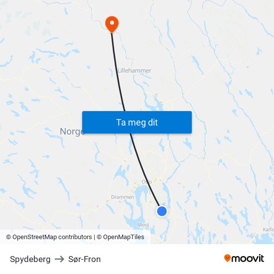 Spydeberg to Sør-Fron map