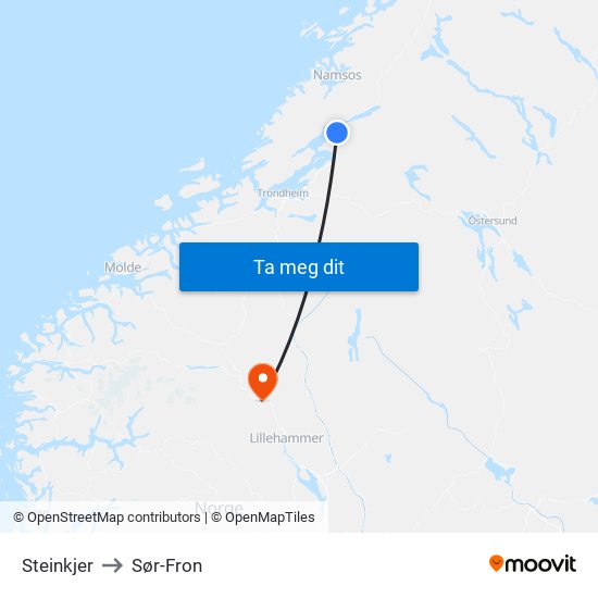 Steinkjer to Sør-Fron map
