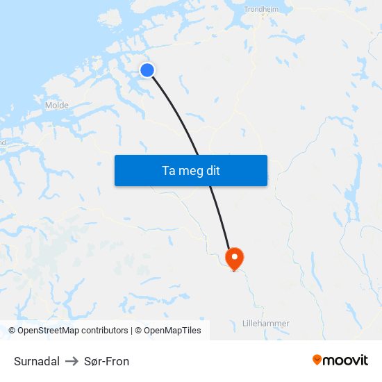 Surnadal to Sør-Fron map