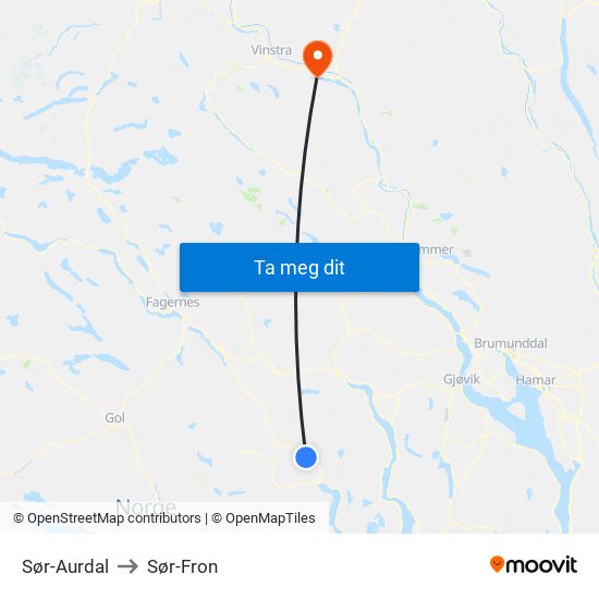 Sør-Aurdal to Sør-Fron map