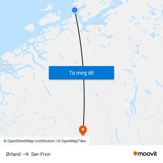 Ørland to Sør-Fron map