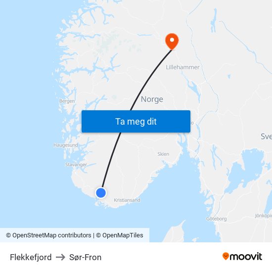 Flekkefjord to Sør-Fron map