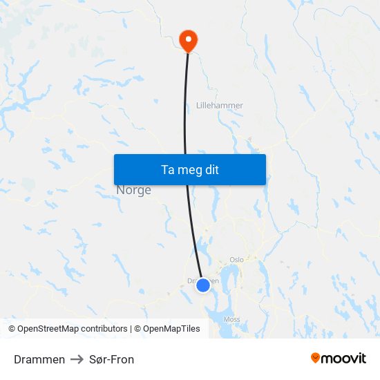 Drammen to Sør-Fron map