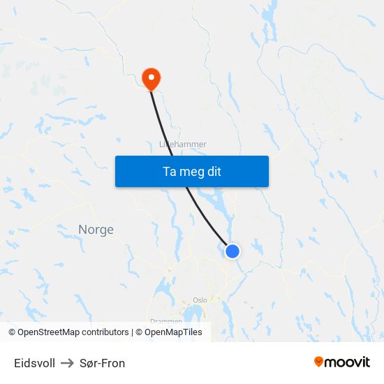 Eidsvoll to Sør-Fron map